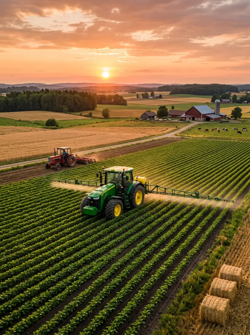Agricultural Tractor in Cultivated Field